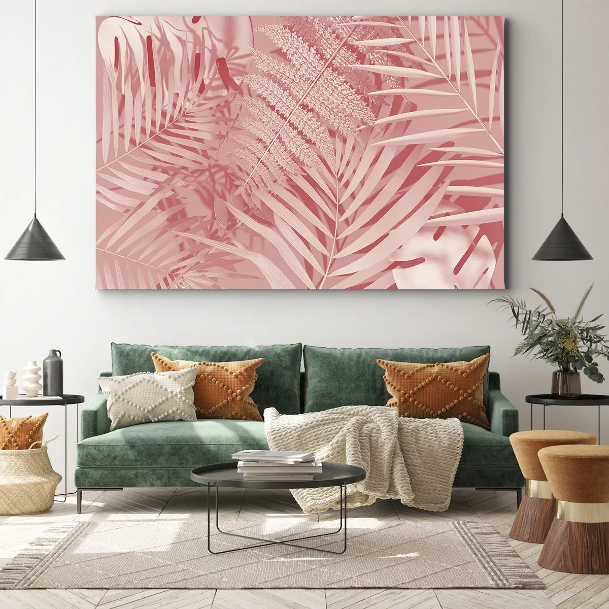 Obraz na płótnie - Różowe liście tropikalne w delikatnym i minimalistycznym stylu - 70x50cm - Różowy koncept - Nowoczesna dekoracja ścienna do salonu i sypialni ARTTOR