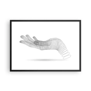 Plakat w czarnej ramie - Minimalistyczna ilustracja dłoni stworzona z czarnych kropek na białym tle - 70x50cm - Sprężysta dłoń - Nowoczesna dekoracja ścienna do salonu i sypialni ARTTOR