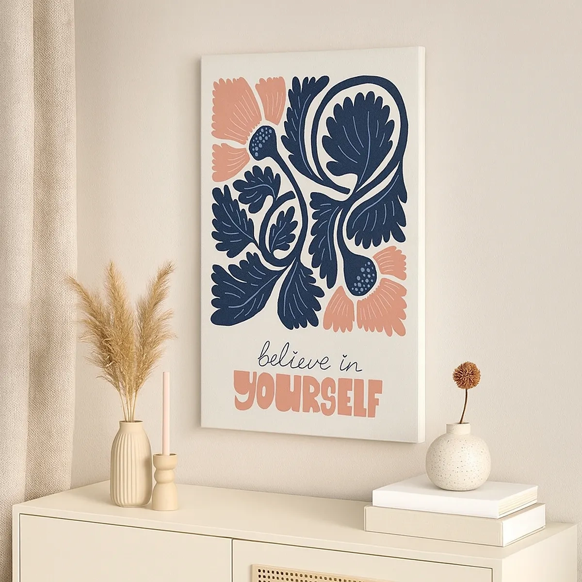 Obraz na płótnie - Stylizowane kwiaty w granatowo-pomarańczowych barwach z inspirującym napisem - 50x70cm - I ty rozkwitaj - Nowoczesna dekoracja ścienna do salonu, kuchni i sypialni ARTTOR