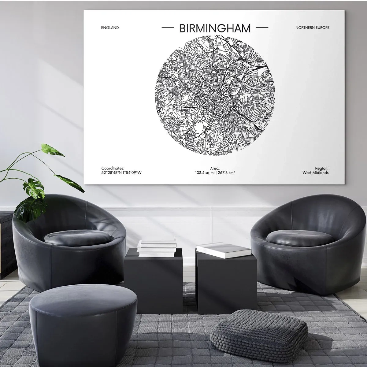 Obraz na szkle - Czarno-biała mapa Birmingham w nowoczesnym stylu graficznym - 70x50cm - Anatomia Birmingham - Nowoczesna dekoracja ścienna do salonu i sypialni ARTTOR