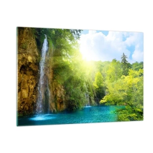 Obraz na szkle - Wodospad wpadający do błękitnego jeziora otoczonego zielenią - 120x80cm - To musi być Eden - Nowoczesna dekoracja ścienna do salonu, kuchni i sypialni ARTTOR