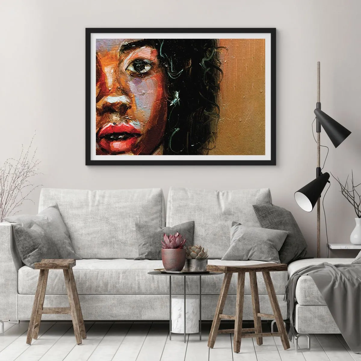 Plakat w czarnej ramie - Ekspresyjny portret kobiety w intensywnych barwach - 100x70cm - Czerń i blask - Nowoczesna dekoracja ścienna do salonu i sypialni ARTTOR