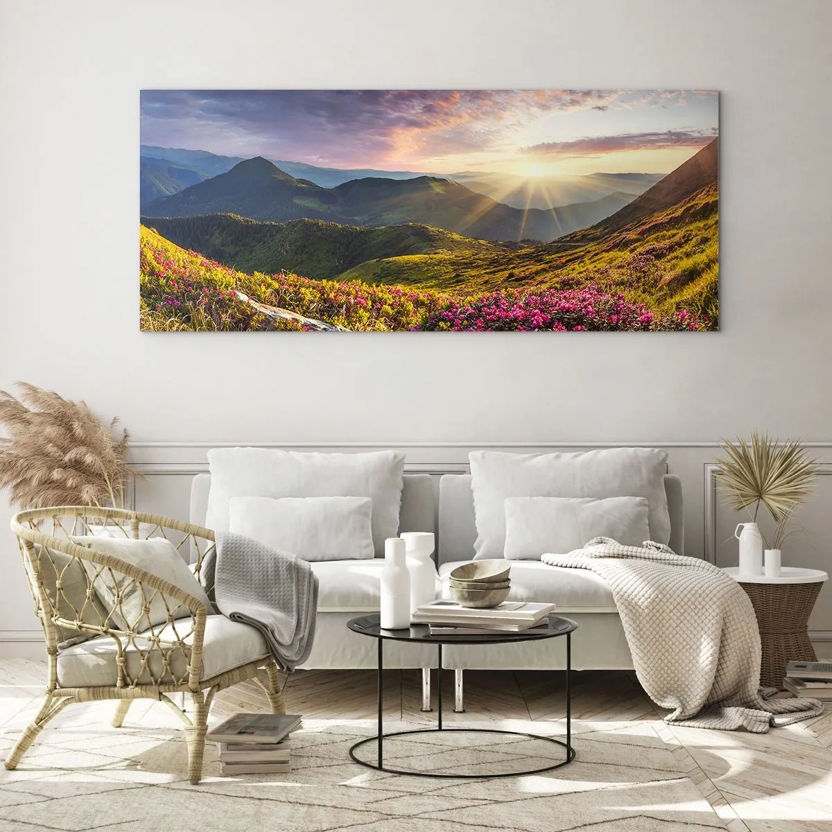 Obraz na szkle - Górski krajobraz z kwitnącymi rododendronami - 160x50cm - Świeżość górskiego poranka - Nowoczesna dekoracja ścienna do salonu i sypialni ARTTOR