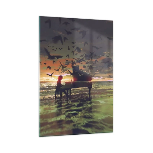 Obraz na szkle - Pianino na brzegu morza przy zachodzie słońca z ptakami - 80x120cm - Koncert na fortepian i fale - Nowoczesna dekoracja ścienna do salonu i sypialni ARTTOR