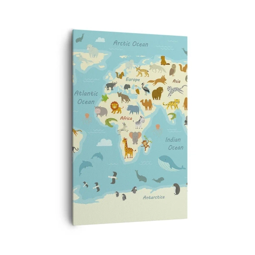 Obraz na płótnie - Mapa świata z ilustracjami zwierząt - 80x120cm - Dobrzy sąsiedzi - Nowoczesna dekoracja ścienna do salonu i sypialni ARTTOR
