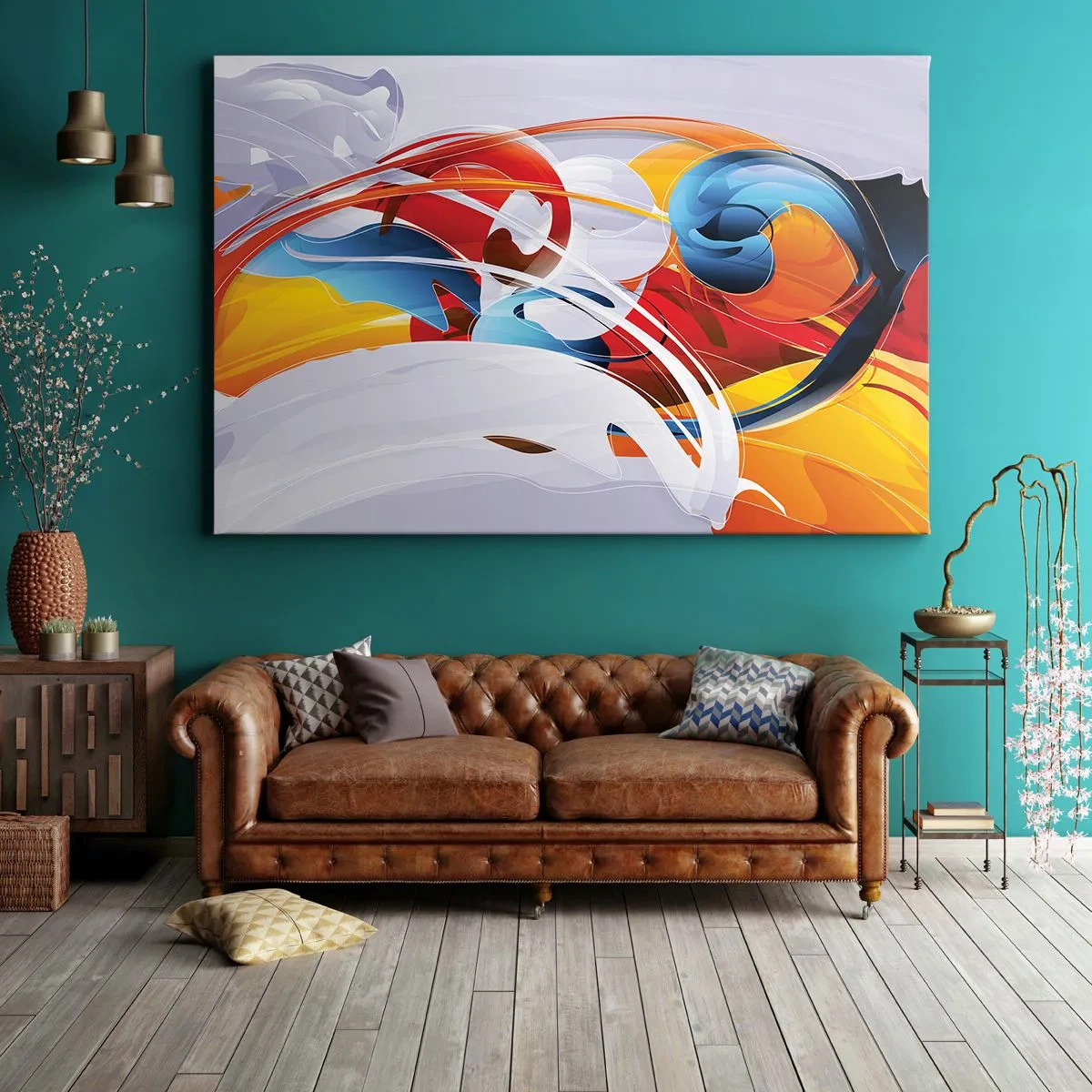 Obraz na płótnie - Kolorowa abstrakcja z dynamicznymi liniami i żywymi barwami - 70x50cm - Taniec żywiołów - Nowoczesna dekoracja ścienna do salonu i sypialni ARTTOR