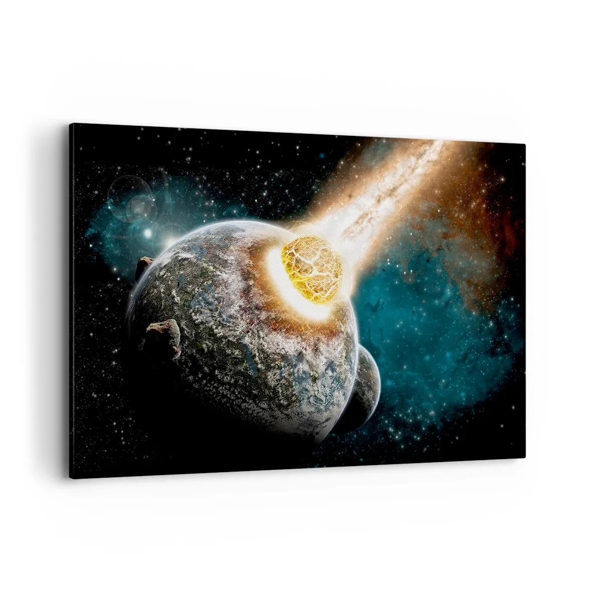 Obraz na płótnie - Kosmiczna kolizja planety z asteroidą w otoczeniu galaktyki. - 120x80cm - Zagłada czy narodziny? - Nowoczesna dekoracja ścienna do salonu, kuchni i sypialni ARTTOR