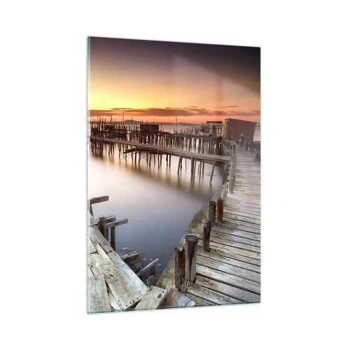 Obraz na szkle - Drewniane pomosty o zachodzie słońca nad spokojnym jeziorem - 50x70cm - Autentyk, nie turystyczna atrapa - Nowoczesna dekoracja ścienna do salonu, kuchni i sypialni ARTTOR