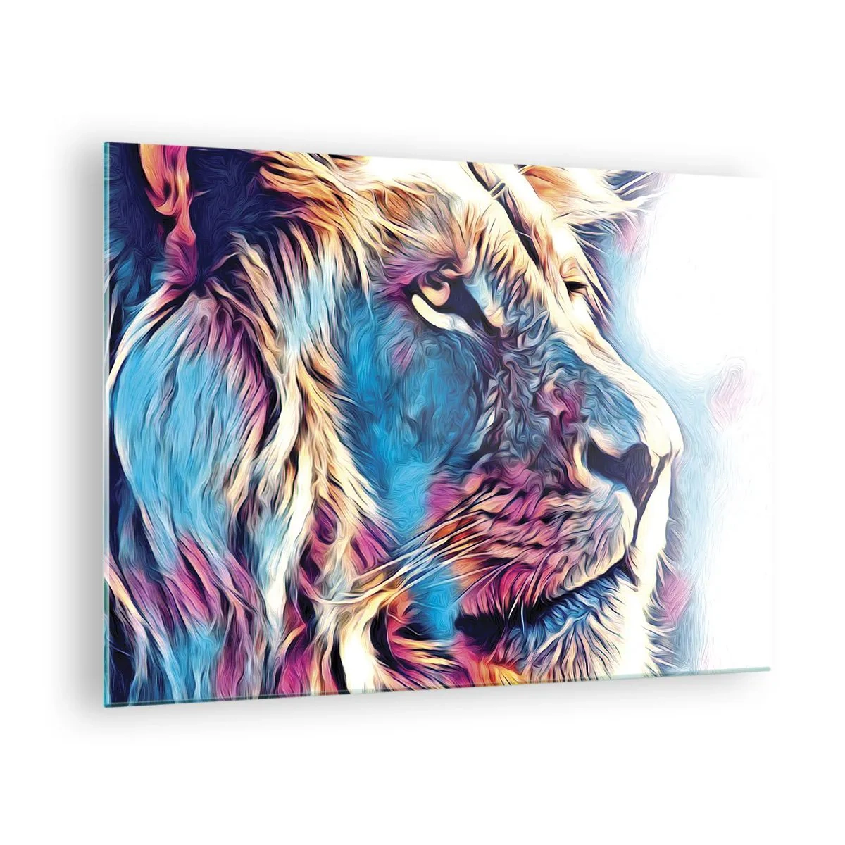 Obraz na szkle - Kolorowa grafika lwa w nowoczesnym, artystycznym stylu - 70x50cm - Mądrość natury - Nowoczesna dekoracja ścienna do salonu i sypialni ARTTOR