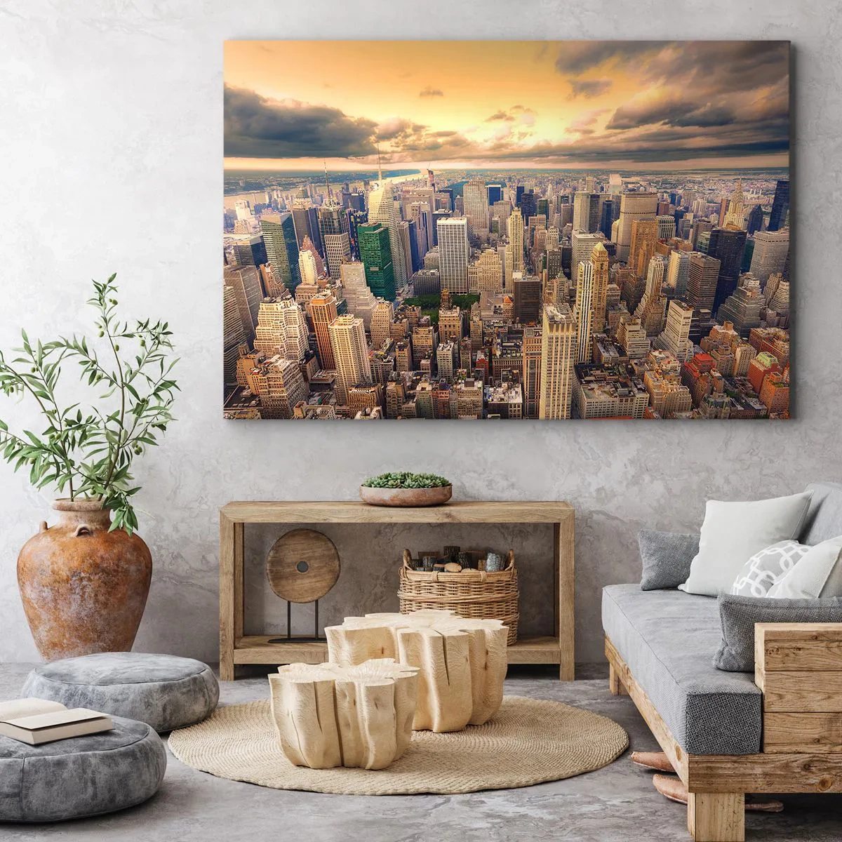Obraz na płótnie - Panorama miasta z widokiem na drapacze chmur o zachodzie słońca - 70x50cm - Wyzłocone metropolis - Nowoczesna dekoracja ścienna do salonu i sypialni ARTTOR