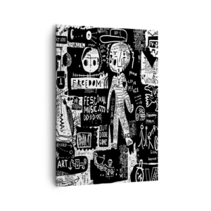 Obraz na płótnie - Czarno-biała grafika z elementami pop-artu i symbolami - 50x70cm - Duchowej młodości prawa i radości - Nowoczesna dekoracja ścienna do salonu, kuchni i sypialni ARTTOR