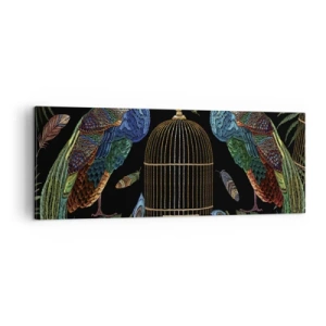 Obraz na płótnie - Pawie przy złotej klatce na czarnym tle - 140x50cm - W królewskich szatach - Nowoczesna dekoracja ścienna do salonu i sypialni ARTTOR