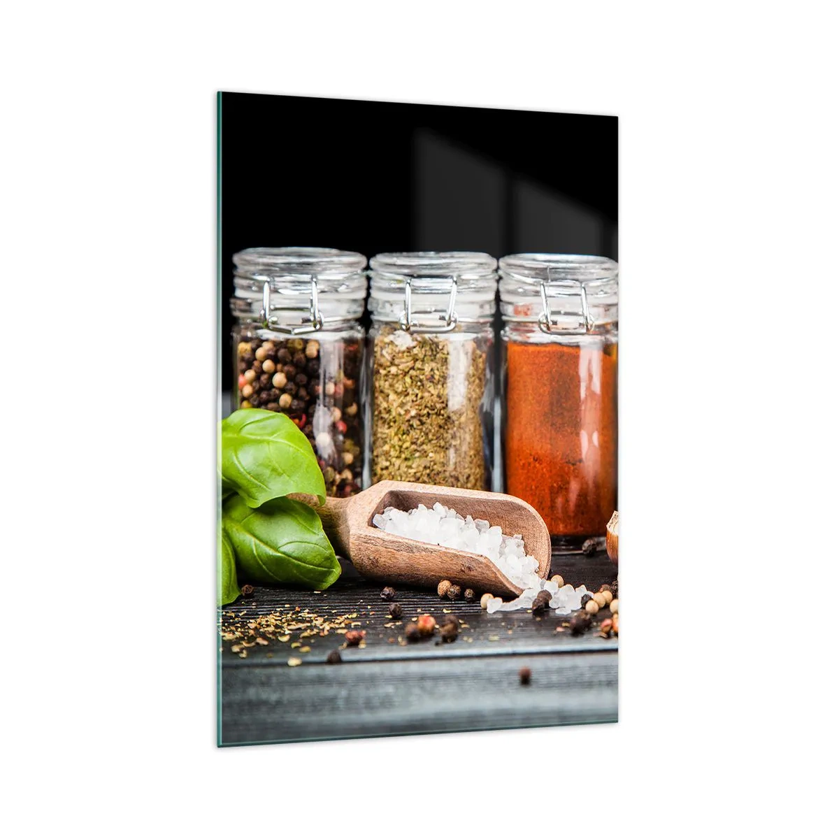 Obraz na szkle - Zioła i przyprawy w szklanych słoikach na ciemnym tle - 70x100cm - Żeby życie miało smak - Nowoczesna dekoracja ścienna do salonu i sypialni ARTTOR