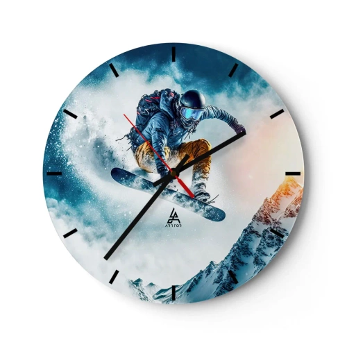 Zegar ścienny - Snowboardzista w locie na tle gór i wiru śnieżnego - 30x30cm - Ekstremalne emocje - Nowoczesna dekoracja ścienna do salonu, kuchni i sypialni ARTTOR
