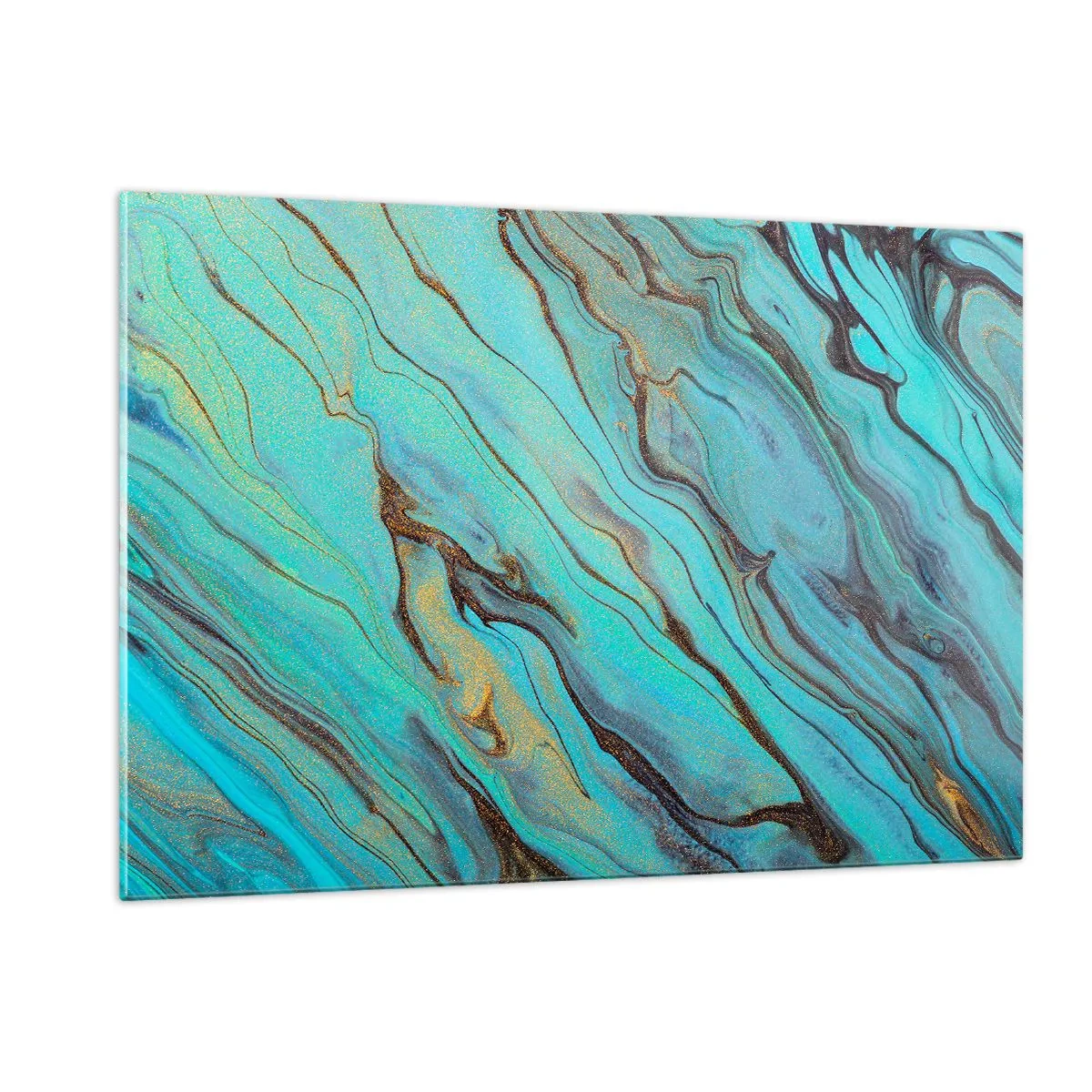 Obraz na szkle - Abstrakcyjne smugi w turkusowej i złotej kolorystyce - 120x80cm - Turkusowy przypływ - Nowoczesna dekoracja ścienna do salonu, kuchni i sypialni ARTTOR