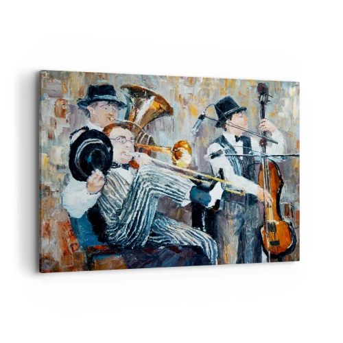 Obraz na płótnie - Muzycy jazzowi w stylu malarskim podczas koncertu - 100x70cm - Cały ten jazz - Nowoczesna dekoracja ścienna do salonu, kuchni i sypialni ARTTOR