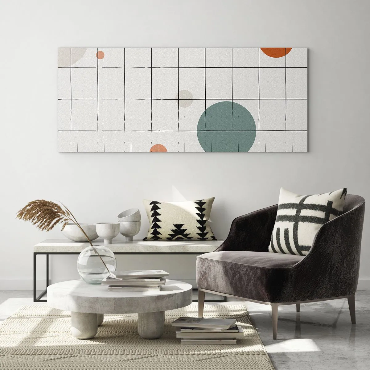 Obraz na szkle - Abstrakcyjne okręgi w kolorach na tle geometrycznej siatki - 160x50cm - Uwięzione. My czy one? - Nowoczesna dekoracja ścienna do salonu i sypialni ARTTOR