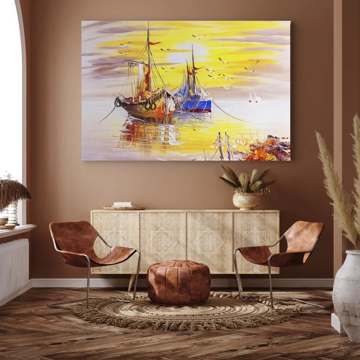Obraz na płótnie - Malarska scena z łodziami na spokojnym morzu - 70x50cm - Zasłużony odpoczynek w porcie - Nowoczesna dekoracja ścienna do salonu i sypialni ARTTOR