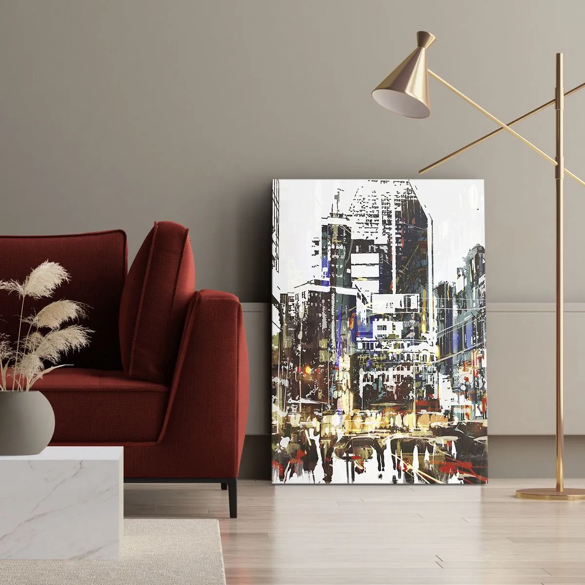 Obraz na płótnie - Abstrakcyjna panorama miasta w stylu nowoczesnym z dynamicznym oświetleniem - 50x70cm - Miasto migotliwe - Nowoczesna dekoracja ścienna do salonu, kuchni i sypialni ARTTOR