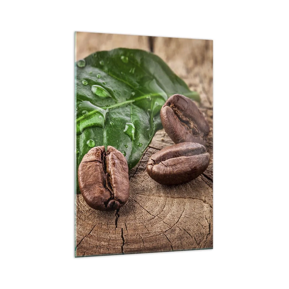 Obraz na szkle - Ziarna kawy i zielony liść na drewnianym tle - 70x100cm - Najprawdziwsza i czarna - Nowoczesna dekoracja ścienna do salonu i sypialni ARTTOR