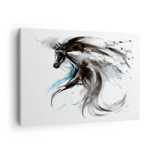 Obraz na płótnie - Kobieta i koń w mistycznej akwareli pełnej dynamiki - 70x50cm - Galop Czarnego Księcia - Nowoczesna dekoracja ścienna do salonu i sypialni ARTTOR
