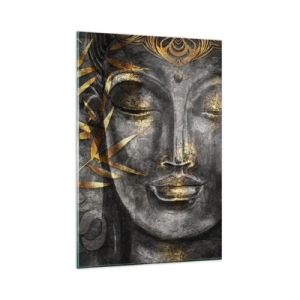 Obraz na szkle - Zen wizerunek Buddy z złotymi bambusami - 80x120cm - Poczuj spokój - Nowoczesna dekoracja ścienna do salonu i sypialni ARTTOR