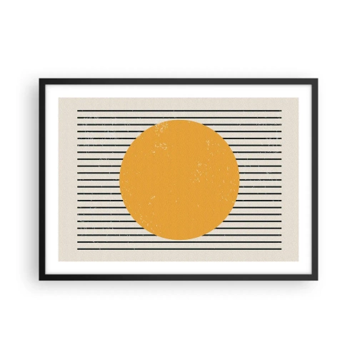 Plakat w czarnej ramie - Żółte koło na tle czarno-białych poziomych linii - 70x50cm - Siła prostoty - Nowoczesna dekoracja ścienna do salonu i sypialni ARTTOR