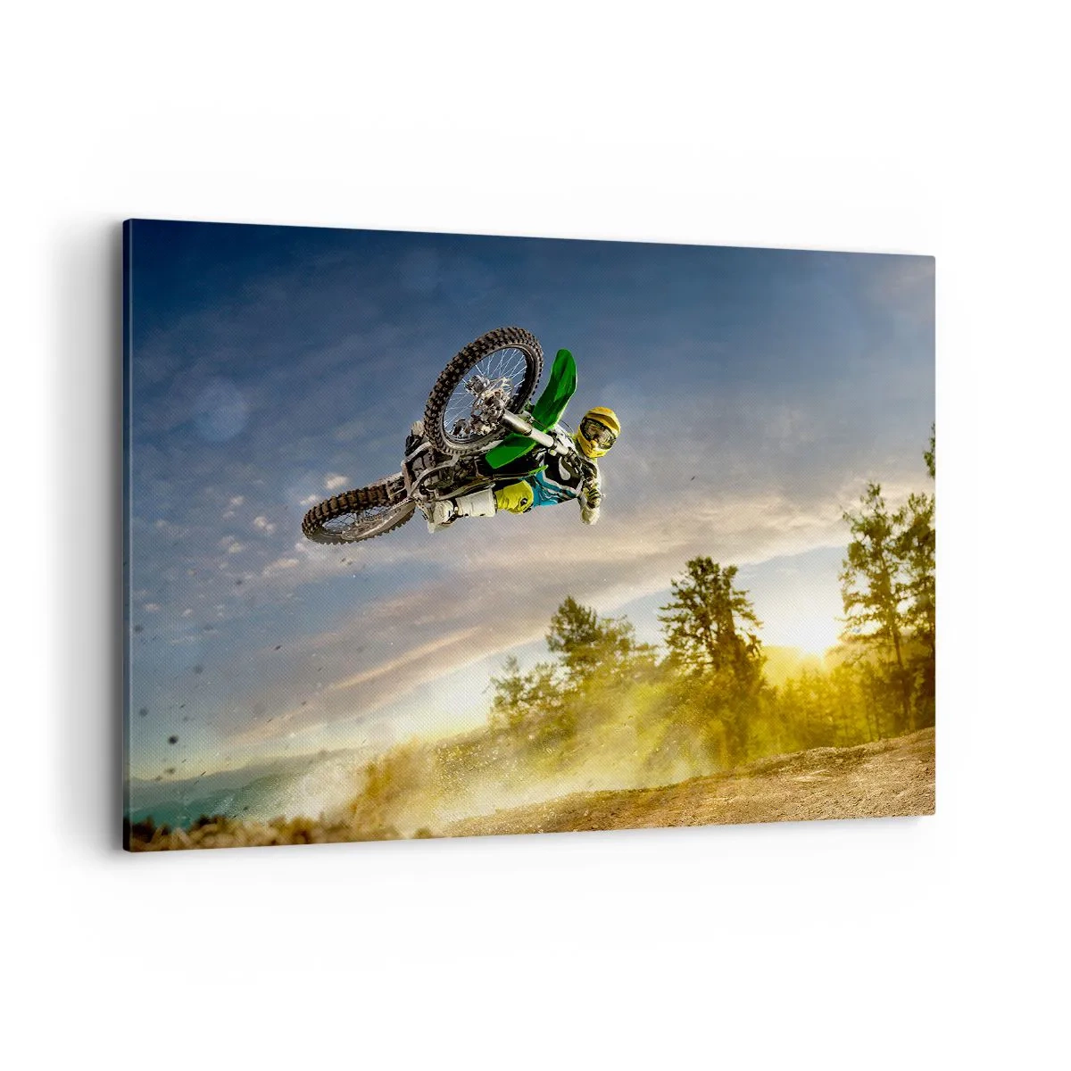 Obraz na płótnie - Motocyklista w dynamicznym skoku - 100x70cm - Włącz emocje! - Nowoczesna dekoracja ścienna do salonu, kuchni i sypialni ARTTOR