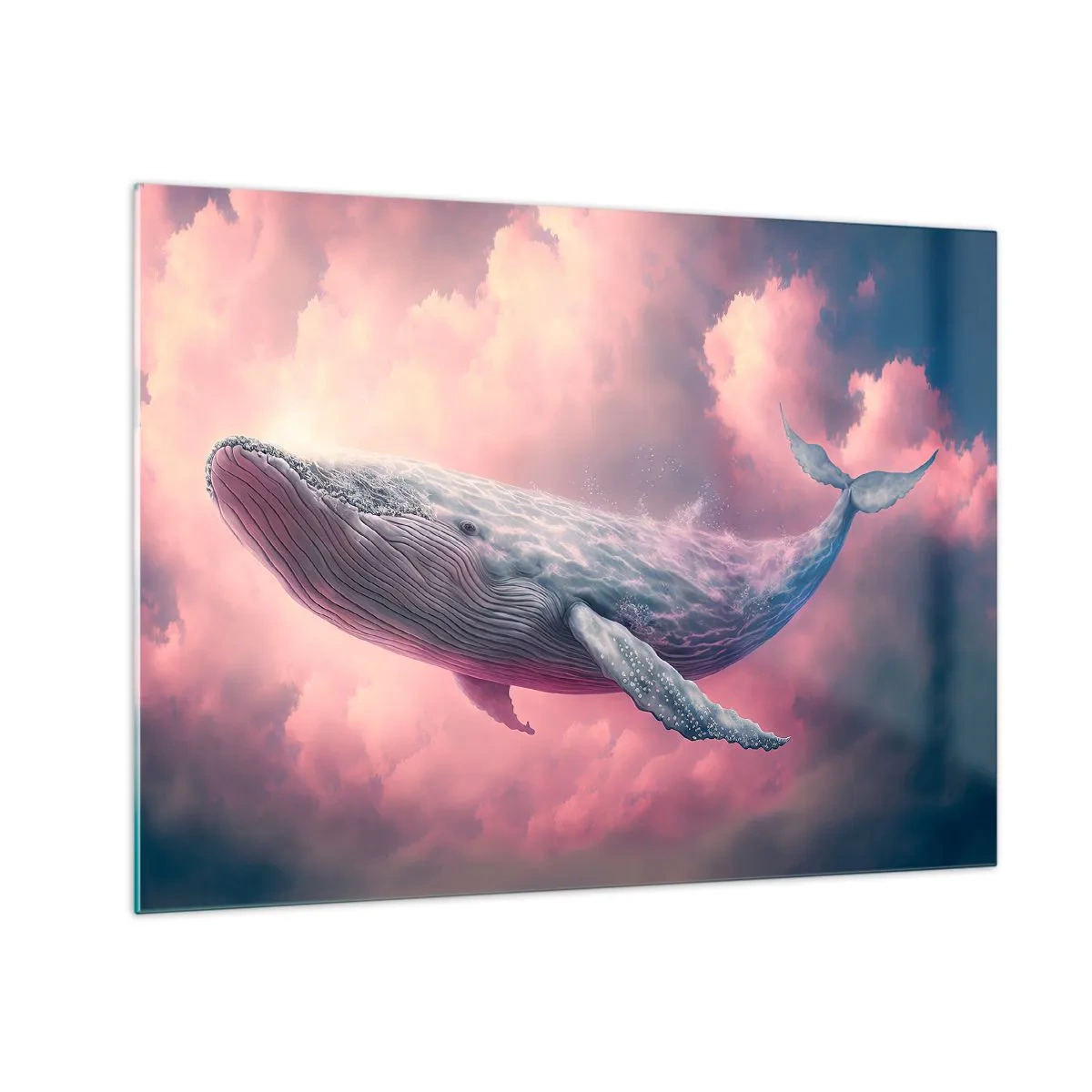 Obraz na szkle - Wieloryb unoszący się w chmurach o różowej poświacie - 70x50cm - Przetrzyj oczy - Nowoczesna dekoracja ścienna do salonu i sypialni ARTTOR
