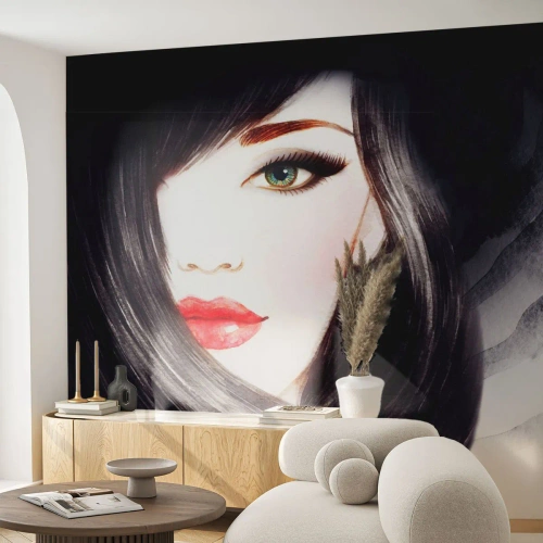 Fototapeta Premium Sand - Portret kobiety z czarnymi włosami i zielonym okiem - 100x70cm - Szafirowe spojrzenie - Nowoczesna dekoracja ścienna do salonu, kuchni i sypialni ARTTOR