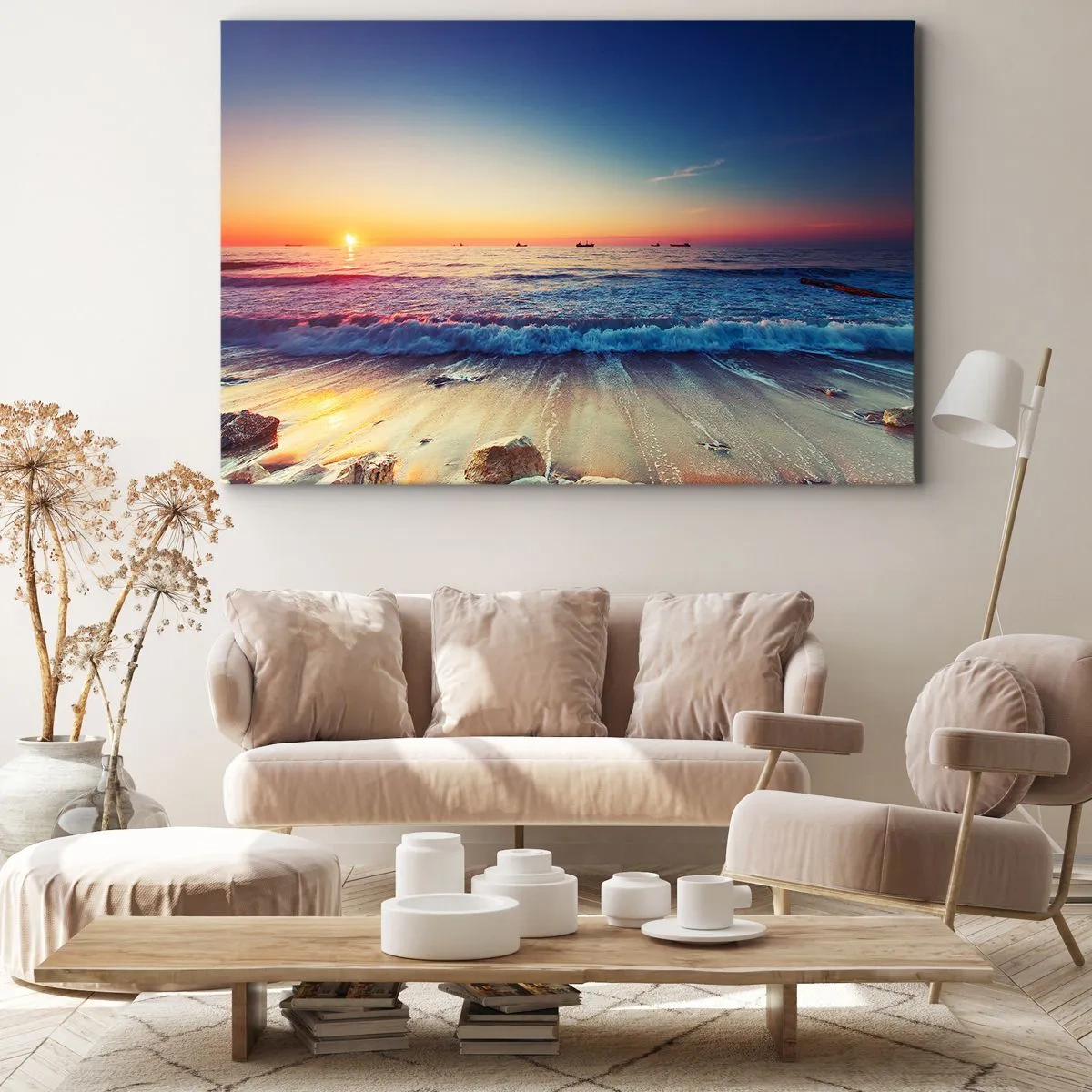 Obraz na płótnie - Zachód słońca nad spokojnym morzem z falami - 120x80cm - A co za horyzontem? - Nowoczesna dekoracja ścienna do salonu, kuchni i sypialni ARTTOR