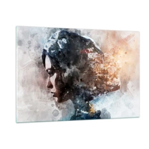 Obraz na szkle - Profil kobiety w akwarelowym stylu z miastem w tle - 120x80cm - Opowieść o dziewczynie z miastem w tle - Nowoczesna dekoracja ścienna do salonu, kuchni i sypialni ARTTOR