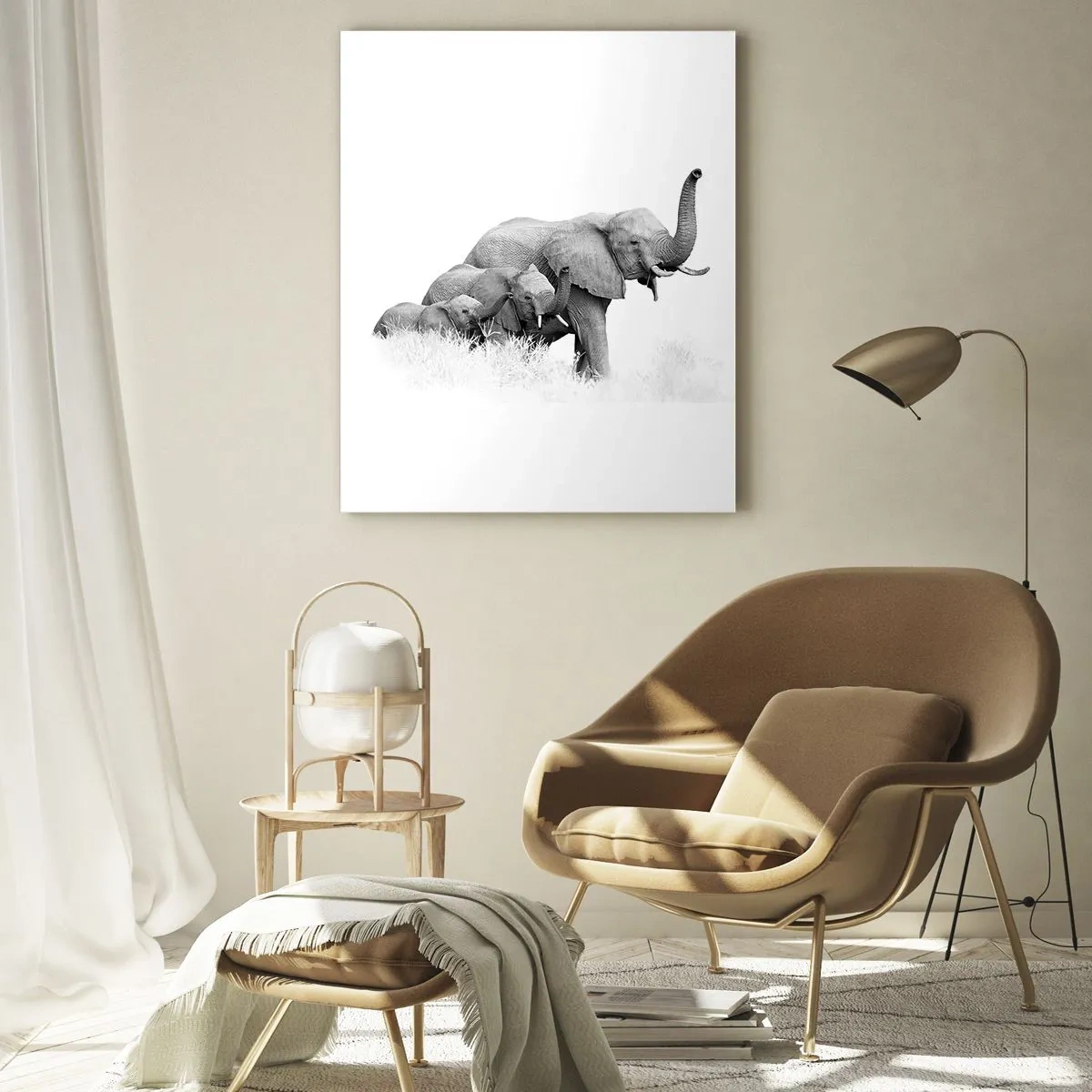 Obraz na szkle - Czarno-biała rodzina słoni w naturze - 50x70cm - Raz, dwa, trzy - Nowoczesna dekoracja ścienna do salonu, kuchni i sypialni ARTTOR