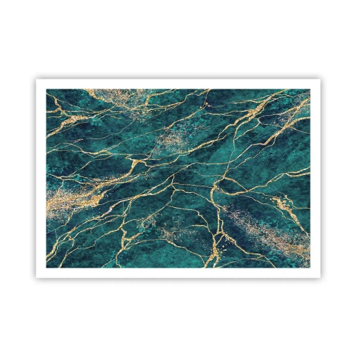 Plakat - Teksturowany wzór marmuru w odcieniach turkusu i złota - 100x70cm - Żyła złota - Nowoczesna dekoracja ścienna do salonu i sypialni ARTTOR