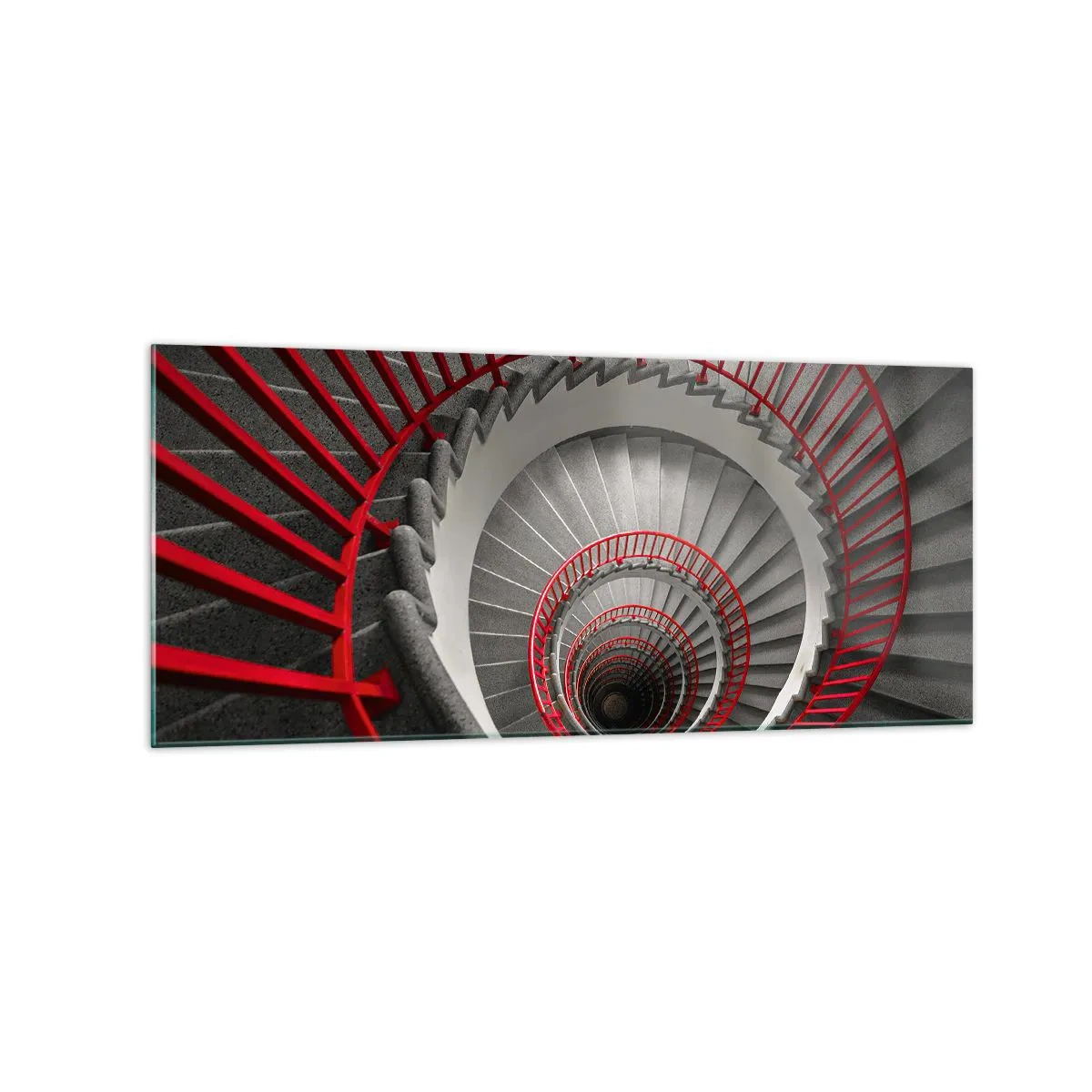 Obraz na szkle - Spiralne schody z czerwonymi poręczami w dynamicznej perspektywie - 120x50cm - Zabawy architektury - Nowoczesna dekoracja ścienna do salonu i sypialni ARTTOR