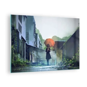 Obraz na szkle - Postać z pomarańczowym parasolem na deszczowej ulicy - 70x50cm - Ożywczy deszcz - Nowoczesna dekoracja ścienna do salonu i sypialni ARTTOR