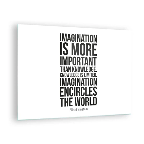 Obraz na szkle - Cytat o wyobraźni w minimalistycznej typografii - 70x50cm - Einstein o mocy wyobraźni - Nowoczesna dekoracja ścienna do salonu i sypialni ARTTOR