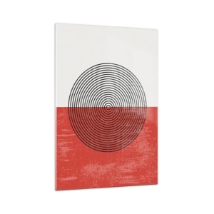 Obraz na szkle - Geometryczny wzór z koncentrycznymi kołami na czerwono-białym tle - 70x100cm - W samo sedno - Nowoczesna dekoracja ścienna do salonu i sypialni ARTTOR