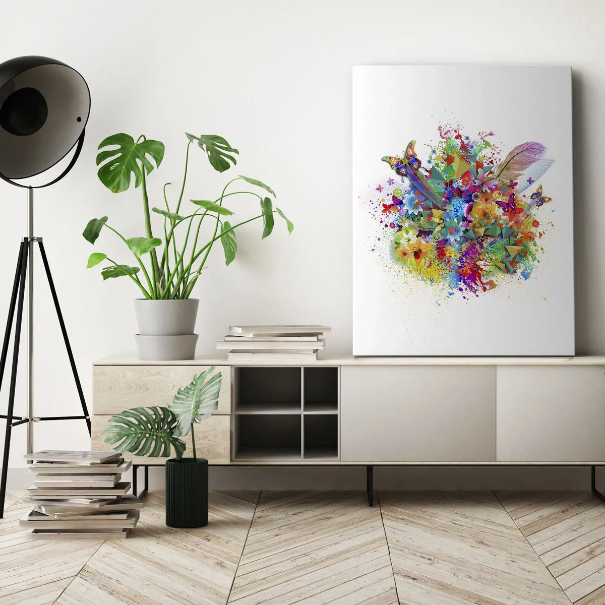 Obraz na płótnie - Abstrakcyjna kompozycja z kolorowymi kwiatami i motylami - 50x70cm - Bukiet radości - Nowoczesna dekoracja ścienna do salonu, kuchni i sypialni ARTTOR