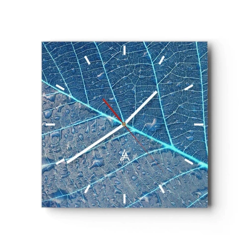 Zegar ścienny - Liść w błękitnych odcieniach z kroplami wody - 30x30cm - Życie w błękicie - Nowoczesna dekoracja ścienna do salonu i sypialni ARTTOR
