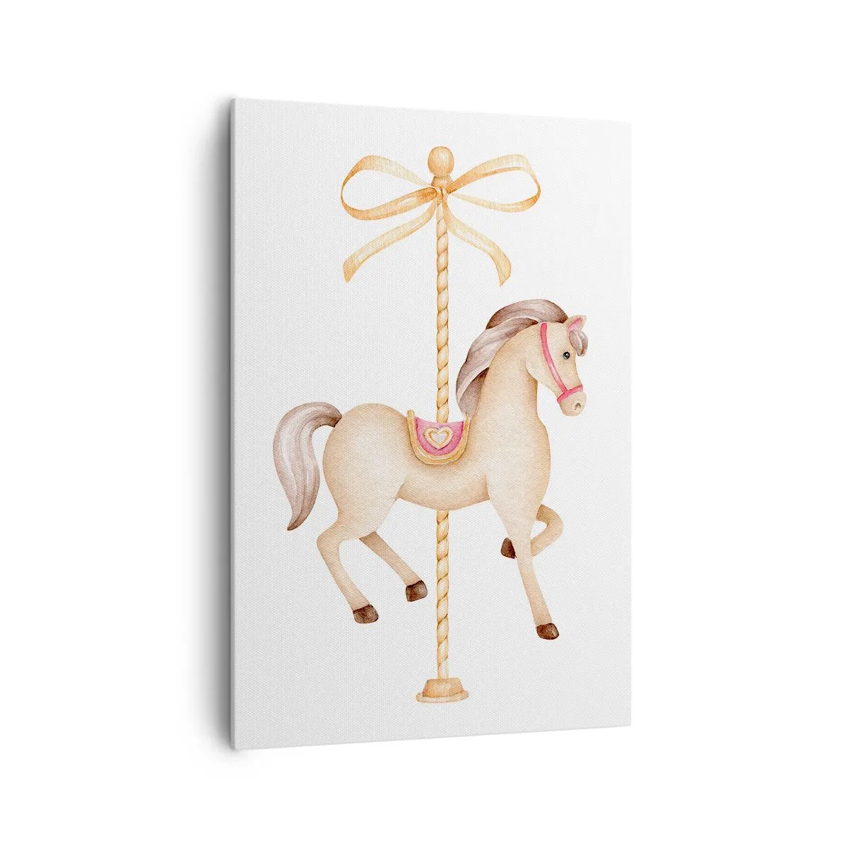 Obraz na płótnie - Koń karuzelowy z kokardą w delikatnych pastelach - 70x100cm - Wdzięcznym kłusem - Nowoczesna dekoracja ścienna do salonu i sypialni ARTTOR