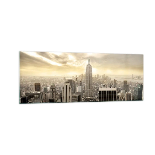 Obraz na szkle - Panorama miasta z widokiem na Empire State Building - 140x50cm - Nowy Jork utkany z szarości - Nowoczesna dekoracja ścienna do salonu i sypialni ARTTOR