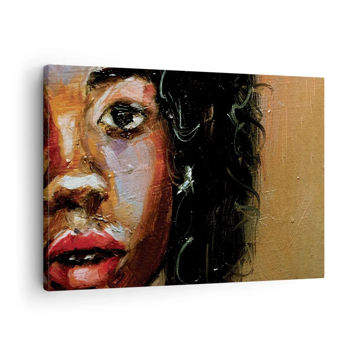 Obraz na płótnie - Ekspresyjny portret kobiety w intensywnych barwach - 70x50cm - Czerń i blask - Nowoczesna dekoracja ścienna do salonu i sypialni ARTTOR