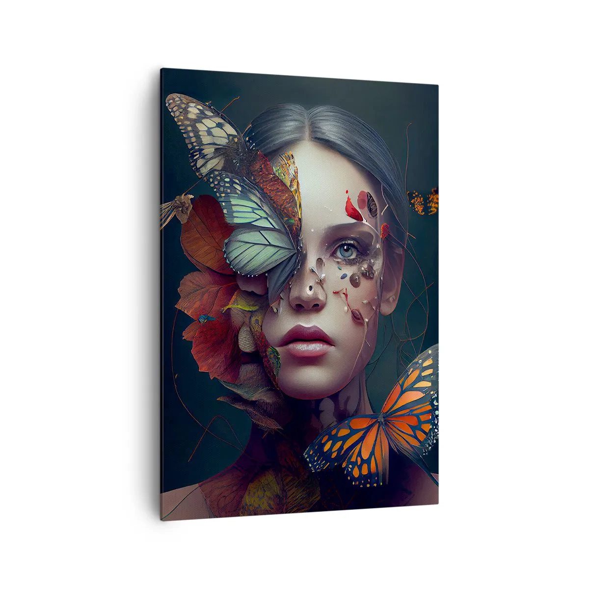 Obraz na płótnie - Portret kobiety z motylami i elementami roślinnymi - 70x100cm - Cudowna metamorfoza - Nowoczesna dekoracja ścienna do salonu i sypialni ARTTOR