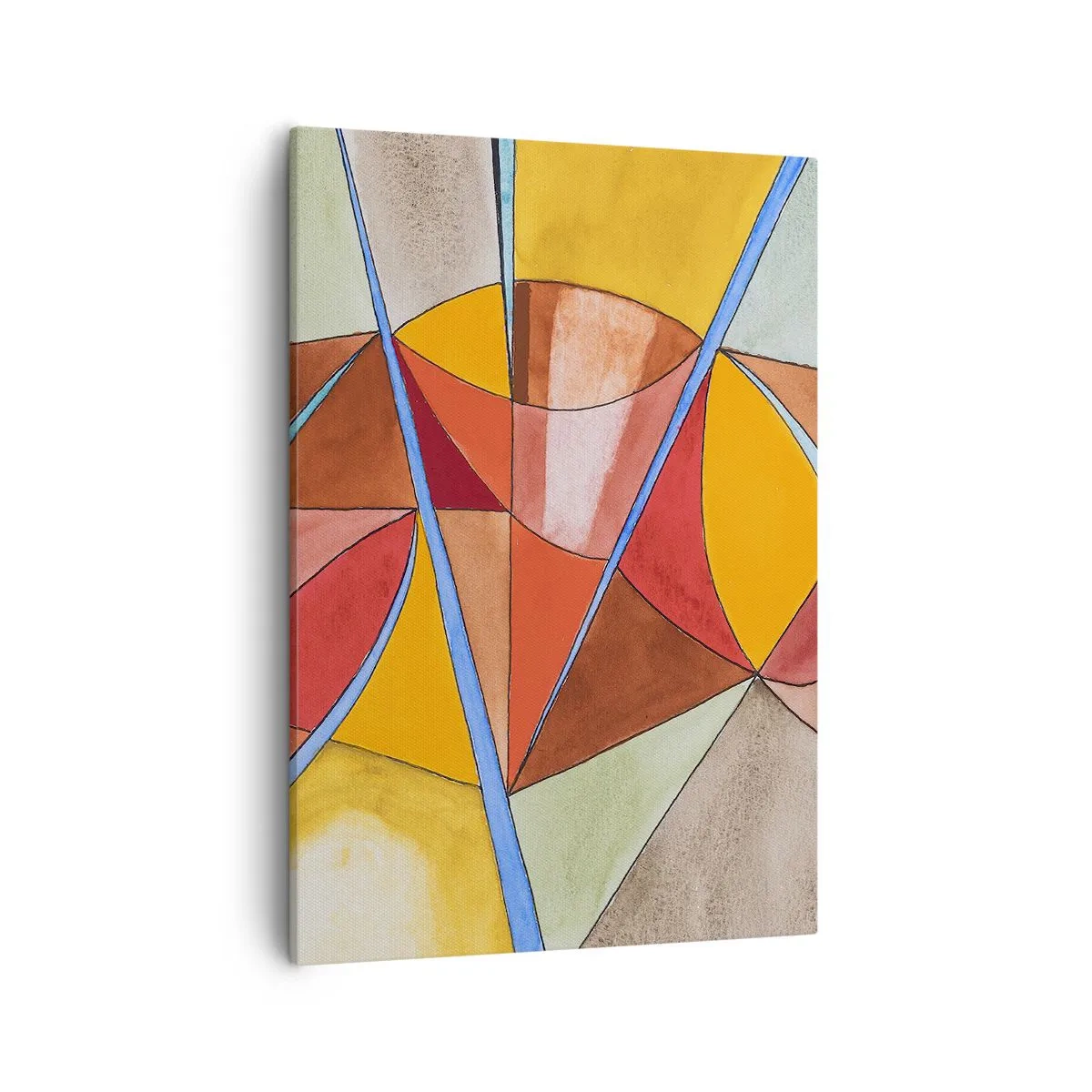 Obraz na płótnie - Abstrakcyjna kompozycja geometryczna w ciepłych kolorach z niebieskimi liniami - 50x70cm - Karuzela, karuzela marzeń - Nowoczesna dekoracja ścienna do salonu, kuchni i sypialni ARTTOR