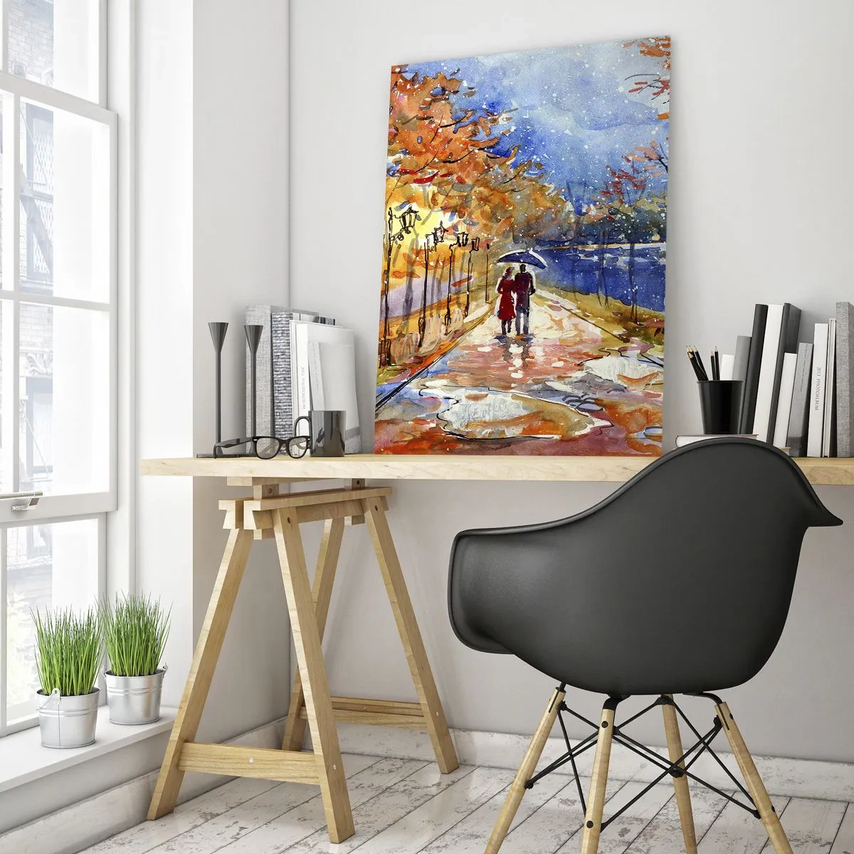 Obraz na szkle - Jesienny spacer w parku nad brzegiem rzeki pod parasolem - 80x120cm - Razem do granicy czasu - Nowoczesna dekoracja ścienna do salonu i sypialni ARTTOR
