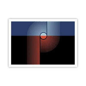 Plakat - Geometryczna abstrakcja z liniami w kolorach granatu i pomarańczu - 100x70cm - W geometrycznym uścisku - Nowoczesna dekoracja ścienna do salonu i sypialni ARTTOR
