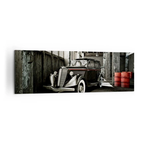 Obraz na płótnie - Stylowy retro samochód w surowym magazynie - 160x50cm - Nieprzemijająca elegancja lat 30. - Nowoczesna dekoracja ścienna do salonu i sypialni ARTTOR