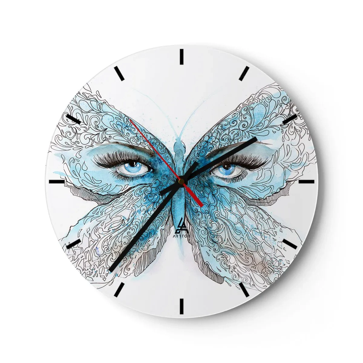 Zegar ścienny - Błękitny motyl z detalami oczu i delikatnym artystycznym wzorem - 30x30cm - Modraszek eros - Nowoczesna dekoracja ścienna do salonu, kuchni i sypialni ARTTOR