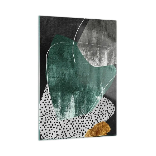 Obraz na szkle - Zielone formy z czarnym tłem i złotym akcentem - 50x70cm - Barwna abstrakcja z płatkiem złota - Nowoczesna dekoracja ścienna do salonu, kuchni i sypialni ARTTOR